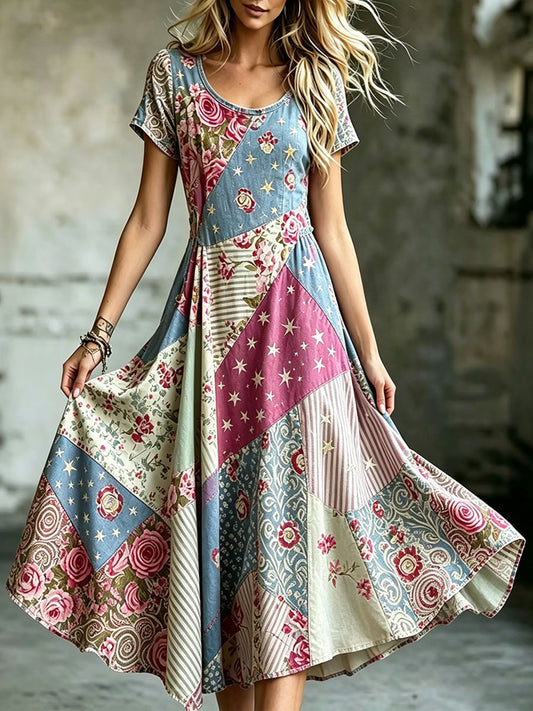 Damsmokdress i elegant bomullslinne med blommönster