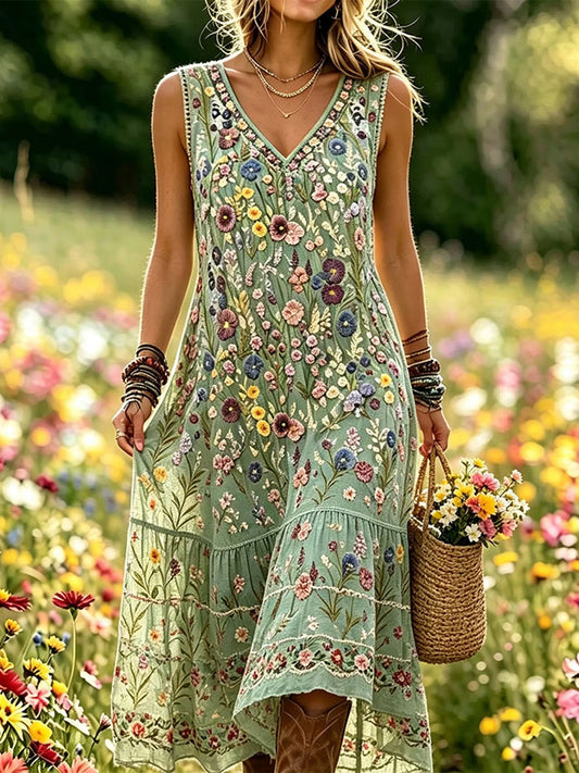 Damsmokdress i elegant bomullslinne med blommönster