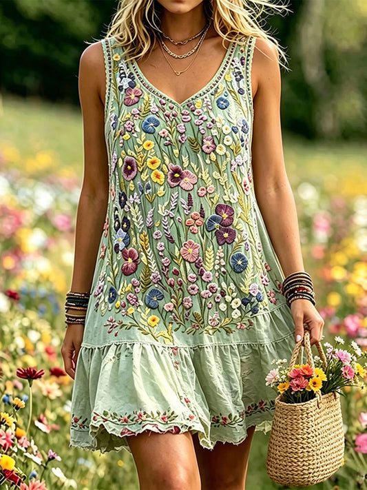 Damsmokdress i elegant bomullslinne med blommönster