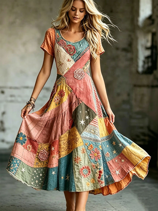 Damsmokdress i elegant bomullslinne med blommönster