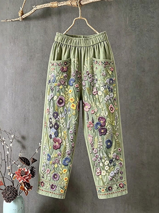 Kvinnors eleganta blommiga bomull Lin byxor
