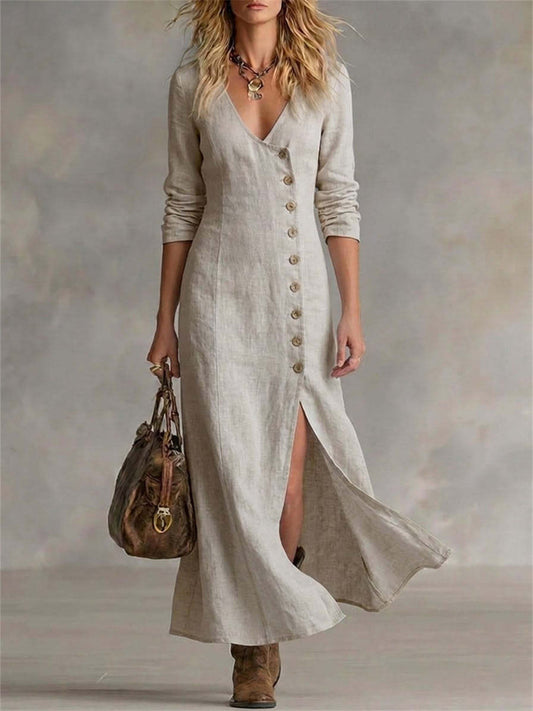 Kvinnors Vintage Klassig sidoknappar Slit botten Flowy Maxi klänning