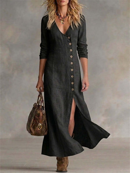 Kvinnors Vintage Klassig sidoknappar Slit botten Flowy Maxi klänning