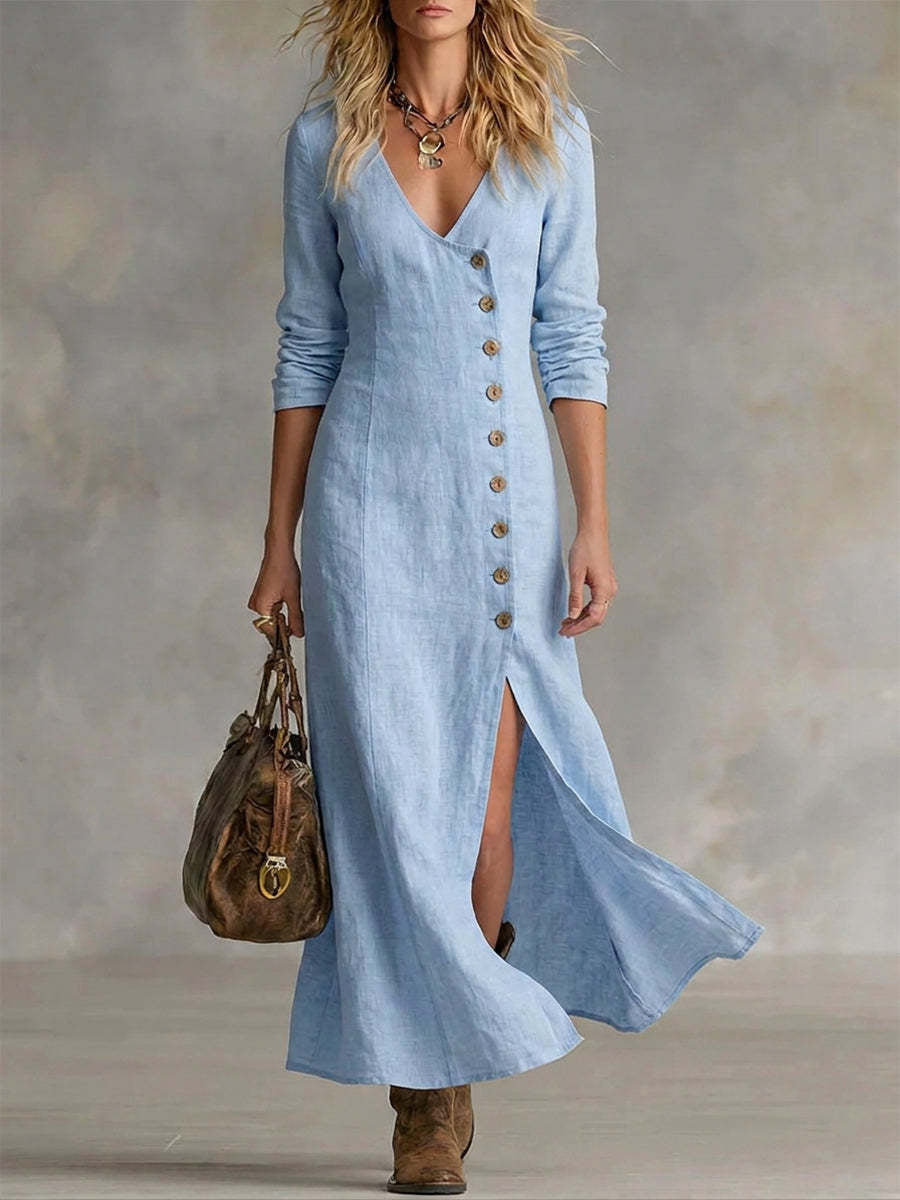 Kvinnors Vintage Klassig sidoknappar Slit botten Flowy Maxi klänning