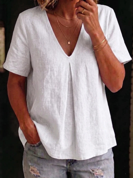 Damens Simple Mid Pinched V Hals linne kortärmade T-shirt