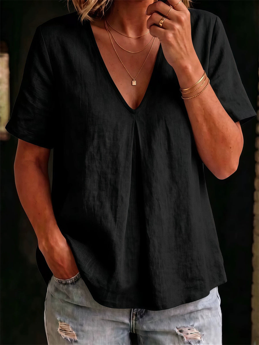 Damens Simple Mid Pinched V Hals linne kortärmade T-shirt