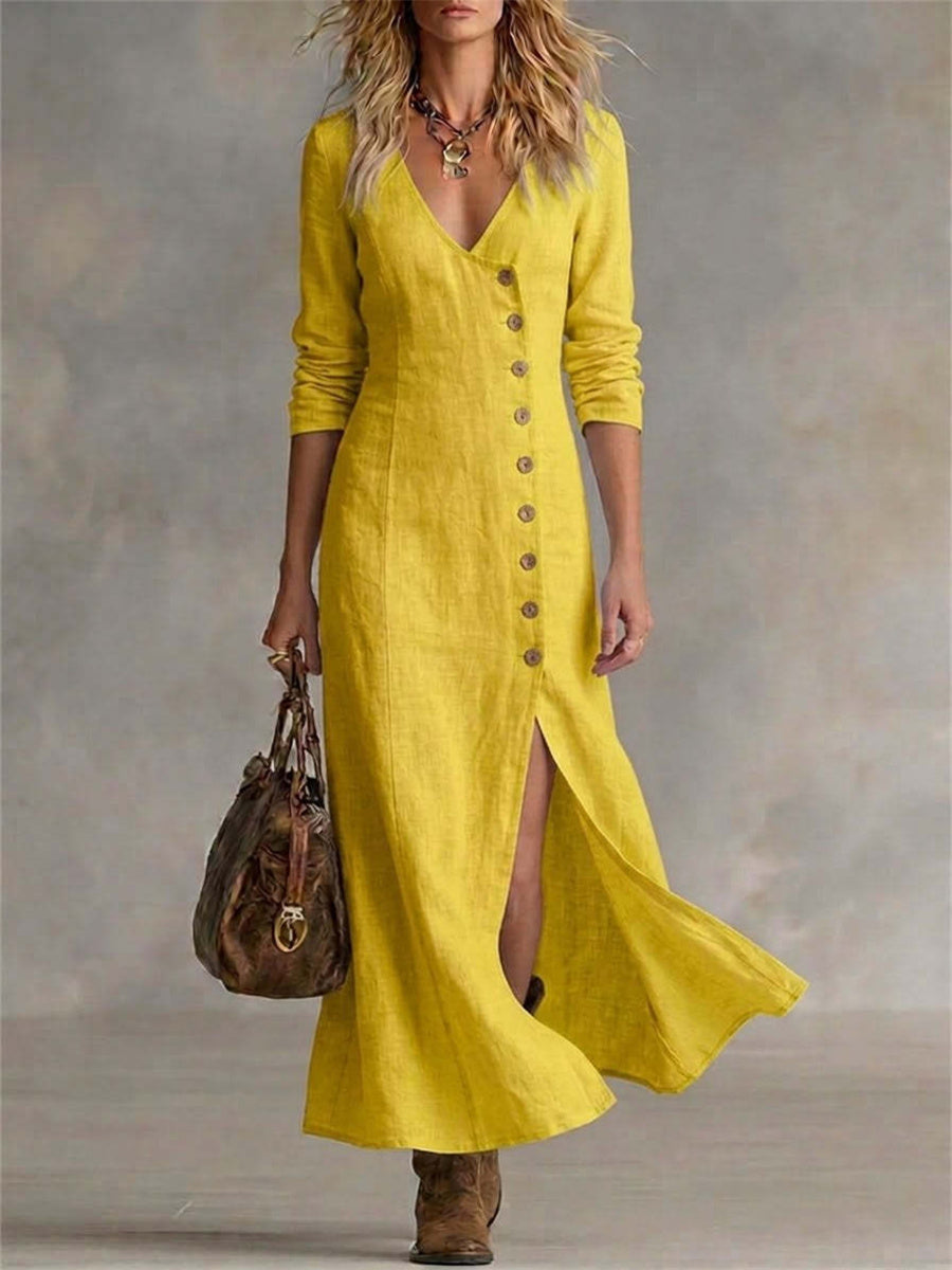Kvinnors Vintage Klassig sidoknappar Slit botten Flowy Maxi klänning