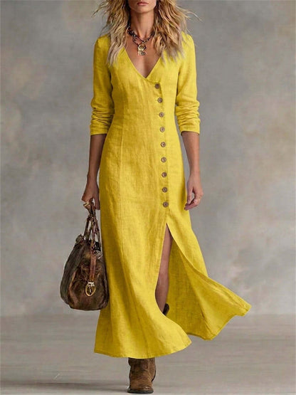 Kvinnors Vintage Klassig sidoknappar Slit botten Flowy Maxi klänning