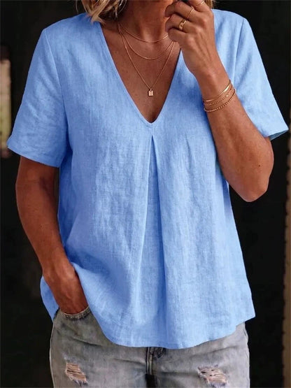Damens Simple Mid Pinched V Hals linne kortärmade T-shirt