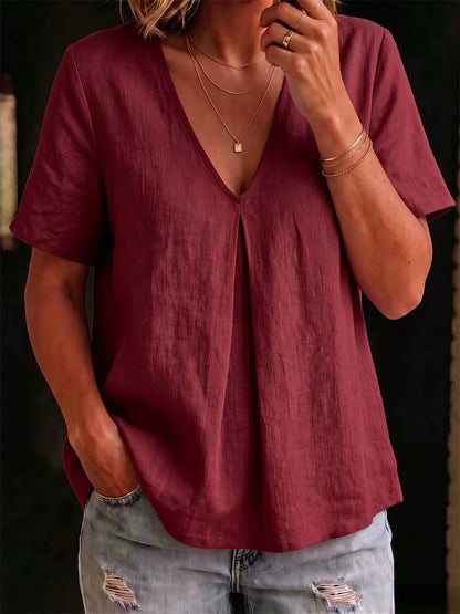 Damens Simple Mid Pinched V Hals linne kortärmade T-shirt
