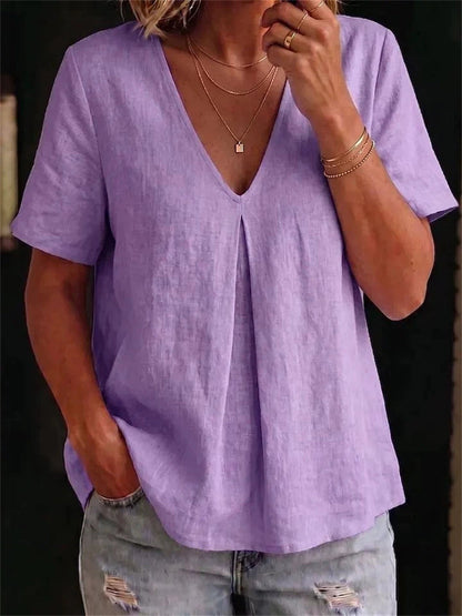 Damens Simple Mid Pinched V Hals linne kortärmade T-shirt