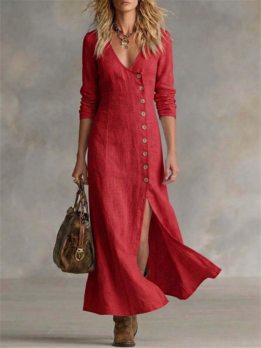 Kvinnors Vintage Klassig sidoknappar Slit botten Flowy Maxi klänning