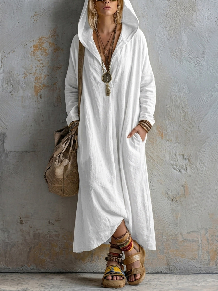 Kvinnors enkel Casual Hooded Lin Maxi Klänning