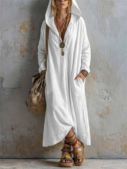 Kvinnors enkel Casual Hooded Lin Maxi Klänning