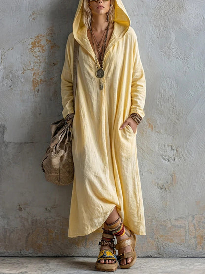 Kvinnors enkel Casual Hooded Lin Maxi Klänning
