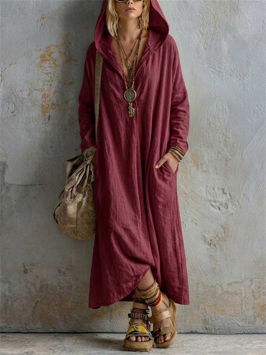 Kvinnors enkel Casual Hooded Lin Maxi Klänning