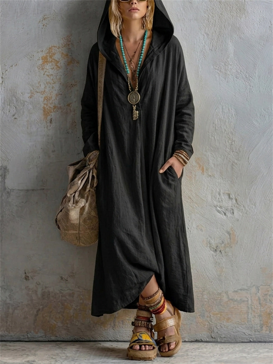 Kvinnors enkel Casual Hooded Lin Maxi Klänning