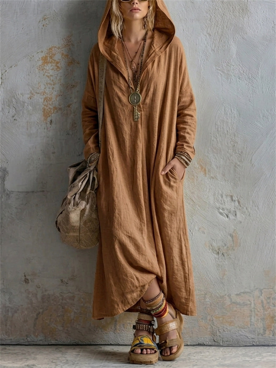 Kvinnors enkel Casual Hooded Lin Maxi Klänning
