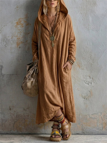 Kvinnors enkel Casual Hooded Lin Maxi Klänning