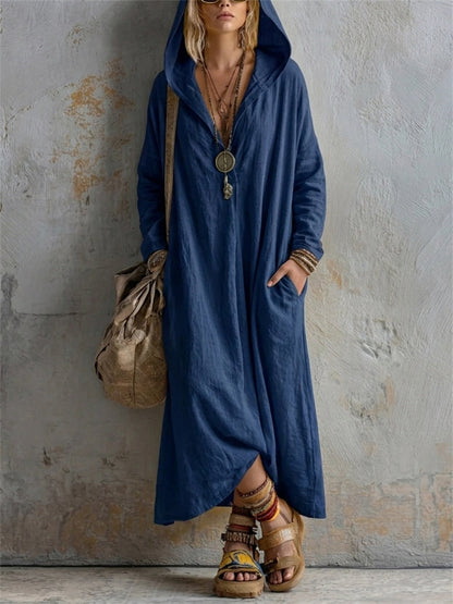 Kvinnors enkel Casual Hooded Lin Maxi Klänning