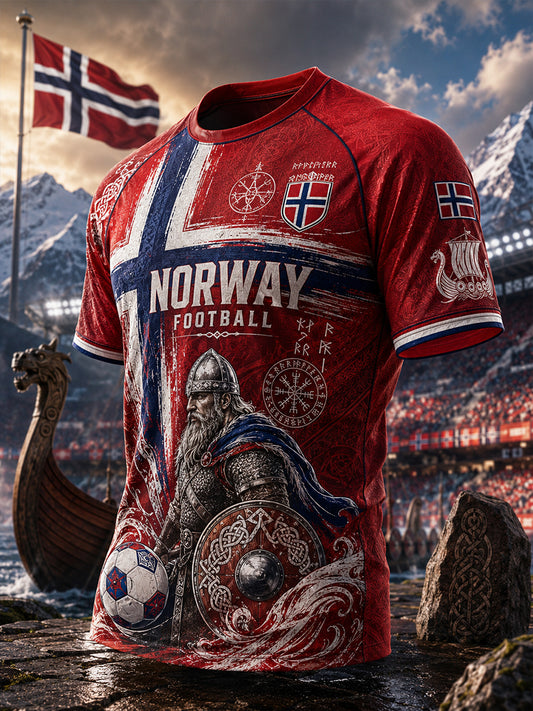 Herrtröja med vikinga- och fotbollsmotiv, raglanmudd och korta ärmar