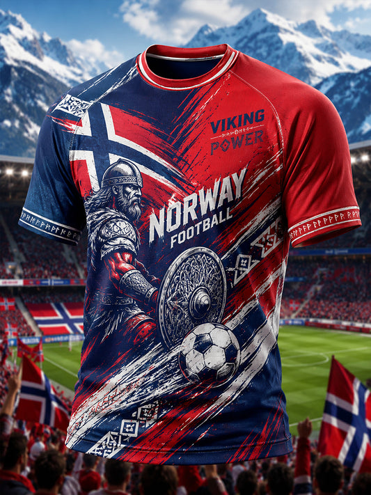 Herrtröja med vikinga- och fotbollsmotiv, raglanmudd och korta ärmar