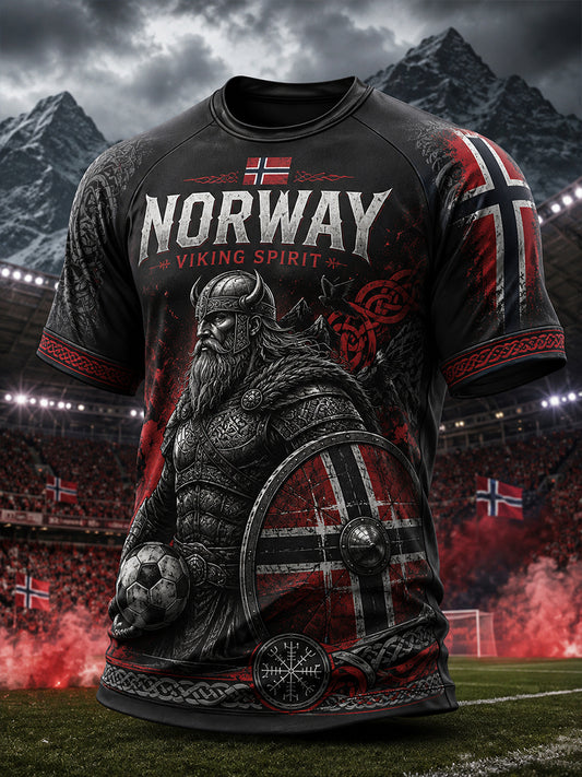 Herrtröja med vikinga- och fotbollsmotiv, raglanmudd och korta ärmar
