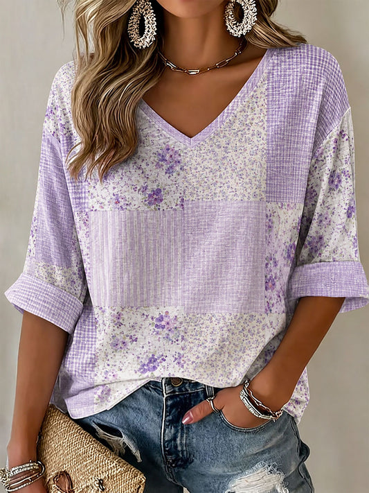Dammens lila blommönstrad casual t-shirt
