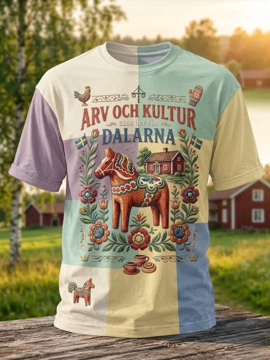 Mäns Vintage Traditionella Svenska Dala Häst Tryckt T-shirt