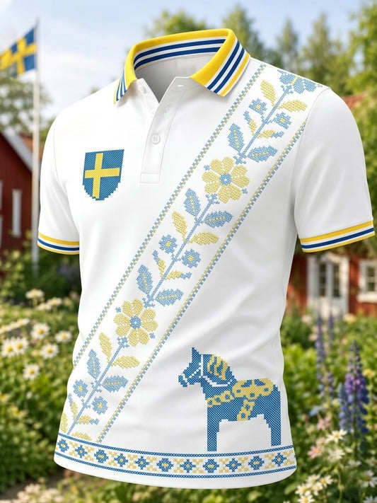 Mansvintage traditionell svensk dalahästtryckt polotröja