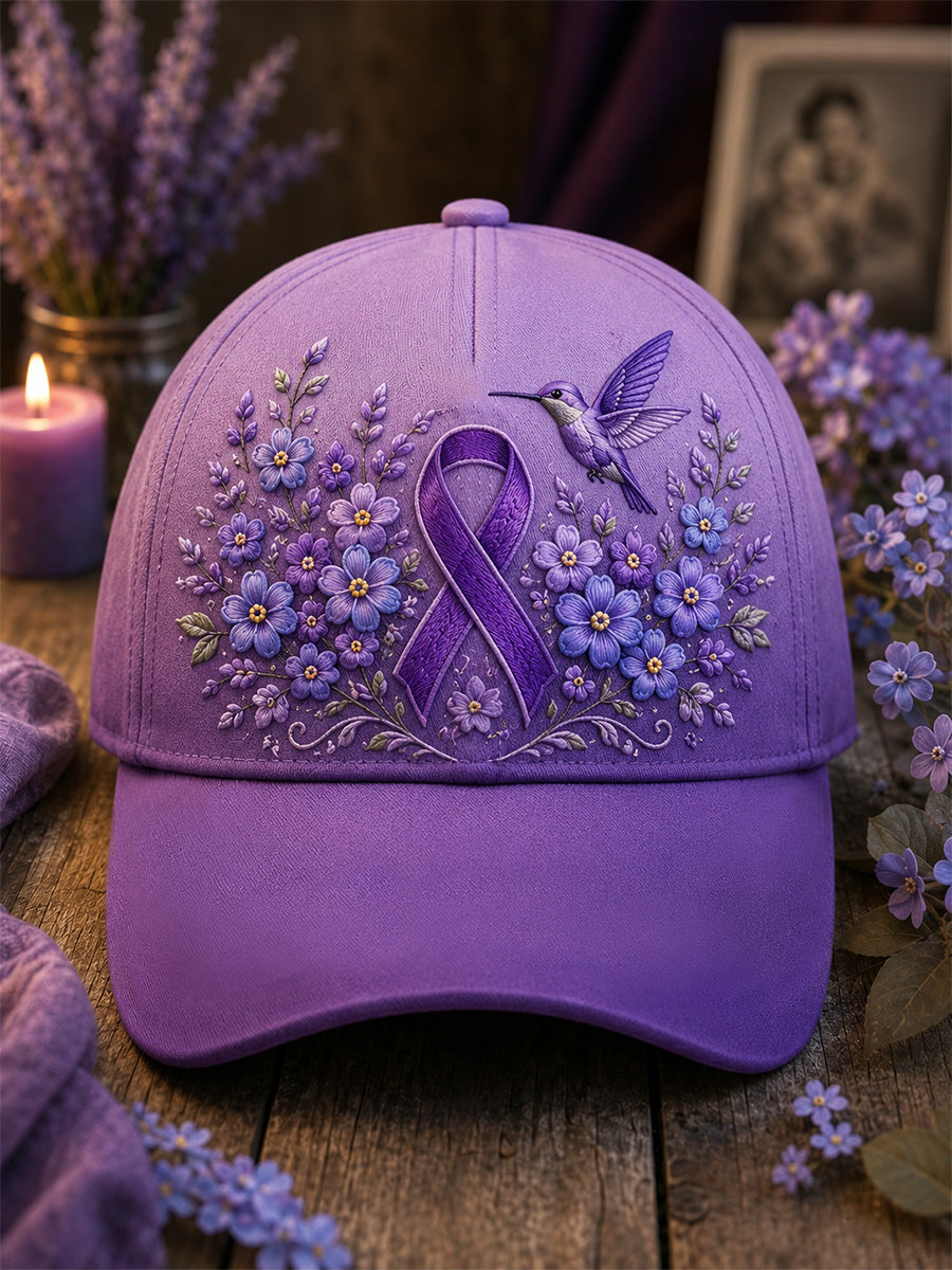 Unisex-luvslur med lila blom- och kolibriprint – stödhatt för medvetenhet om alzheimers sjukdom