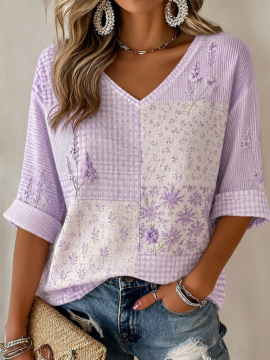 Dammens lila blommönstrad casual t-shirt