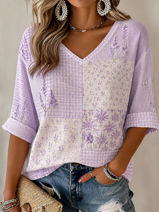 Dammens lila blommönstrad casual t-shirt