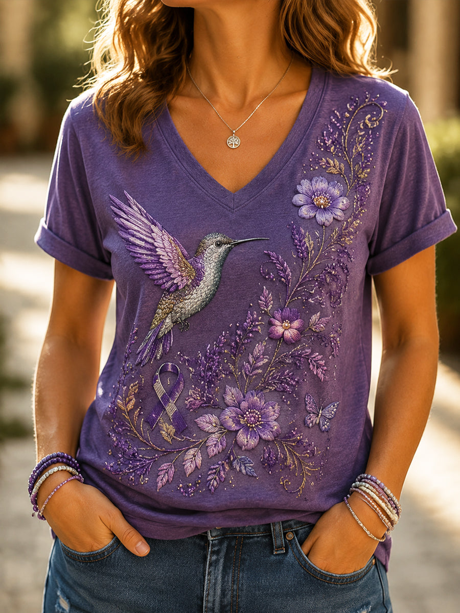 Kvinnor Alzheimers sjukdom Hummingbird Floral Casual V-Hack T-shirt