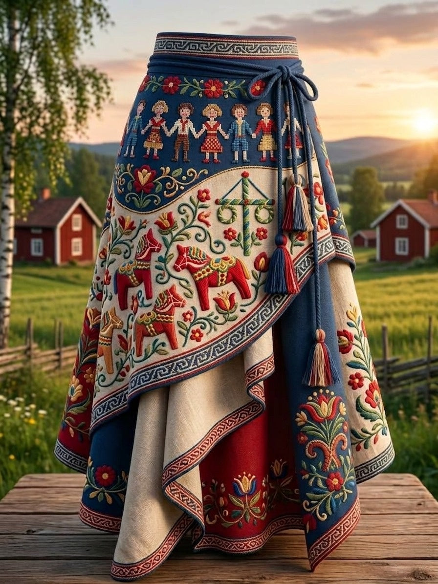 Kvinnors Vintage Traditionella Svenska Dalahäst Tryckt oregelbunden Kjole
