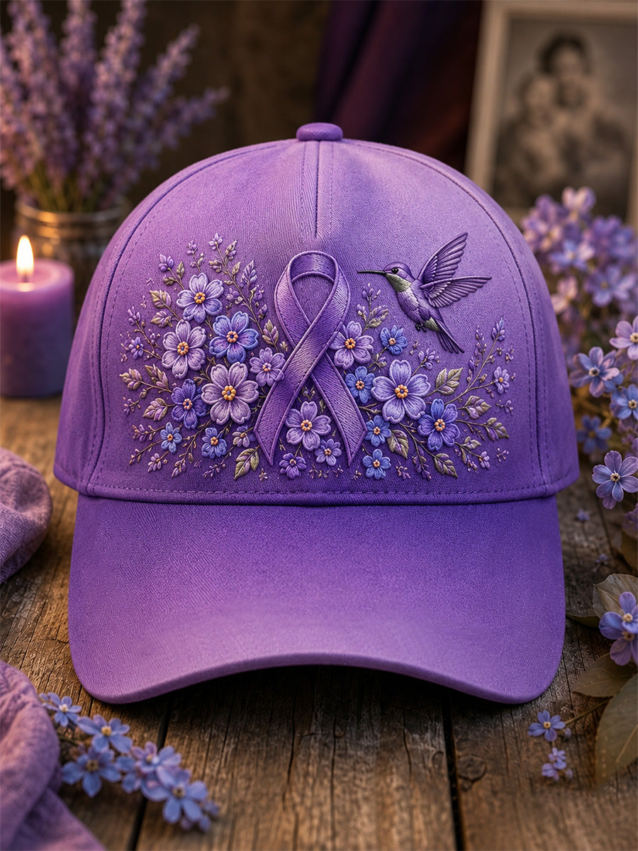 Unisex-luvslur med lila blom- och kolibriprint – stödhatt för medvetenhet om alzheimers sjukdom