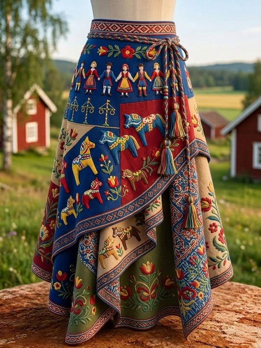Damen Vintage Traditionell Svensk Dalahäst-tryckt Oregelbunden Kjol