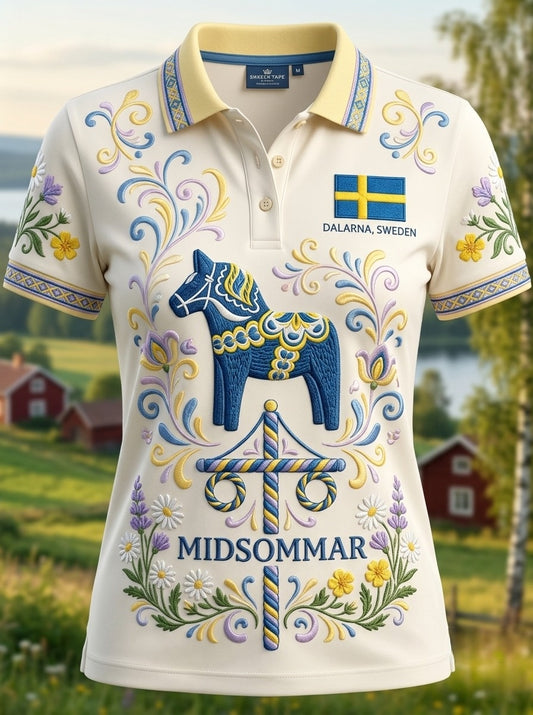 Dam-Polotröja med Vintage-tryck av traditionell svensk Dalahäst