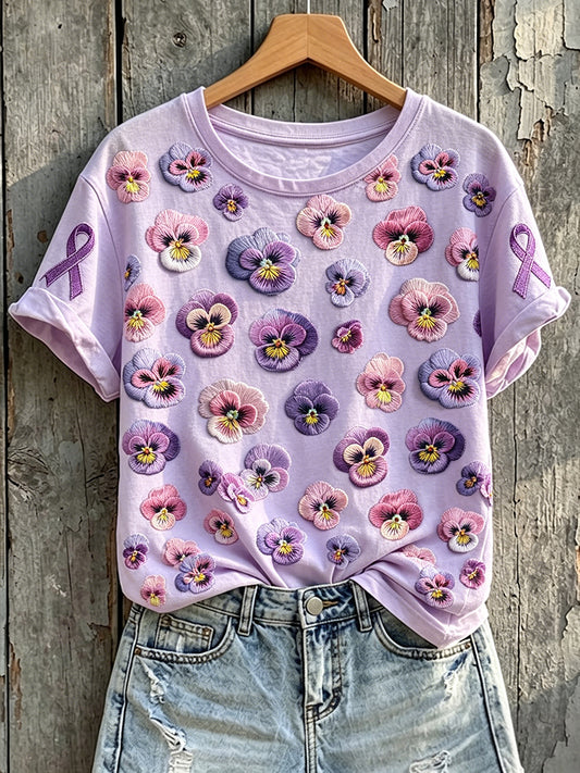Kvinnors lila medvetenhet Pansies Skriv ut rund hals kort ärm T-shirta