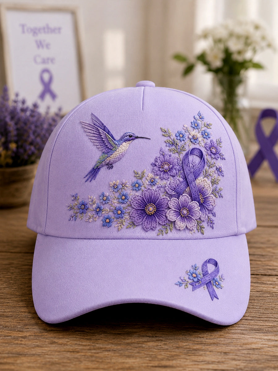 Unisex-luvslur med lila blom- och kolibriprint – stödhatt för medvetenhet om alzheimers sjukdom