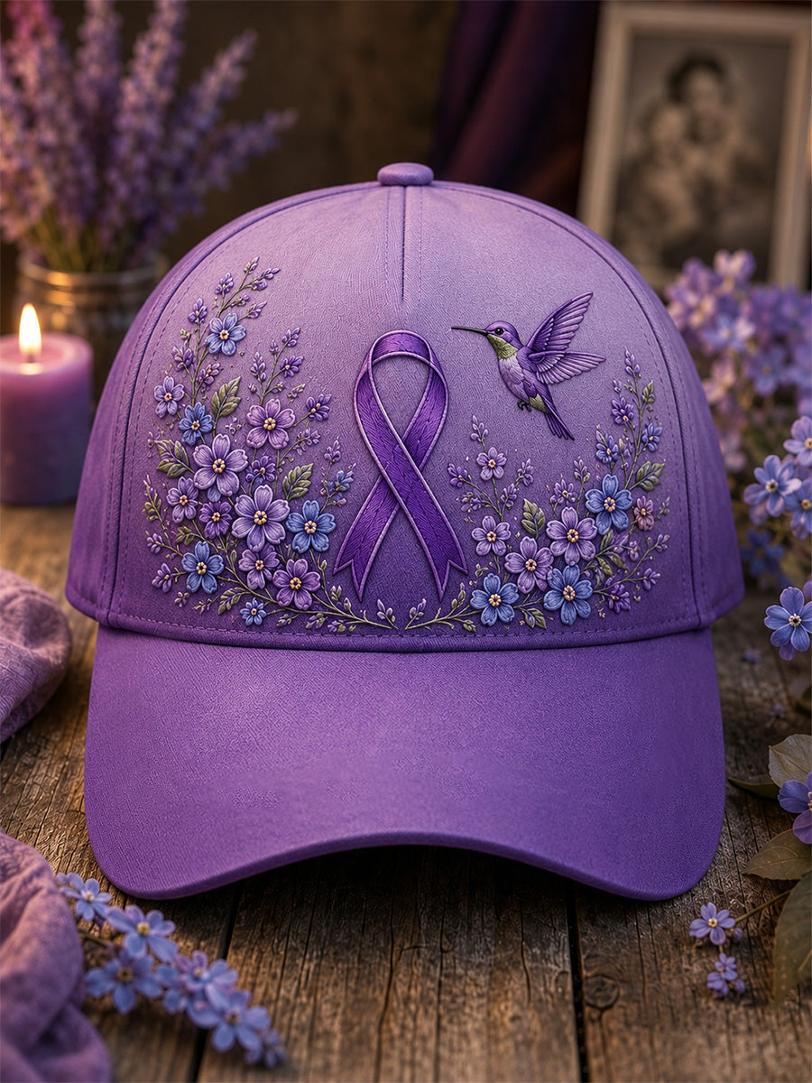 Unisex-luvslur med lila blom- och kolibriprint – stödhatt för medvetenhet om alzheimers sjukdom
