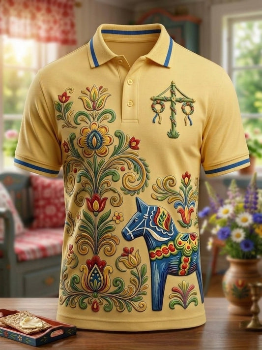 Mäns Vintage Traditionella Svenska Dala Häst Tryckt Polo T-shirt