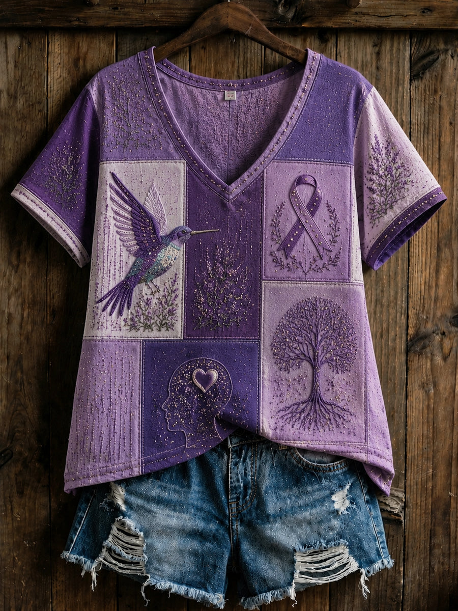 Retro Alzheimers Hummingbird Patchwork Cotton-Linen T-shirt