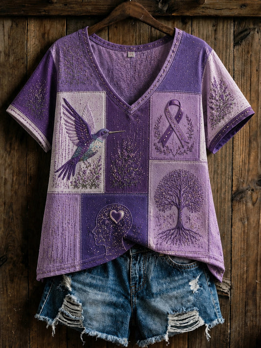 Retro Alzheimers Hummingbird Patchwork Cotton-Linen T-shirt