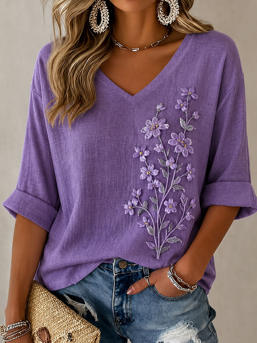 Dammens lila blommönstrad casual t-shirt