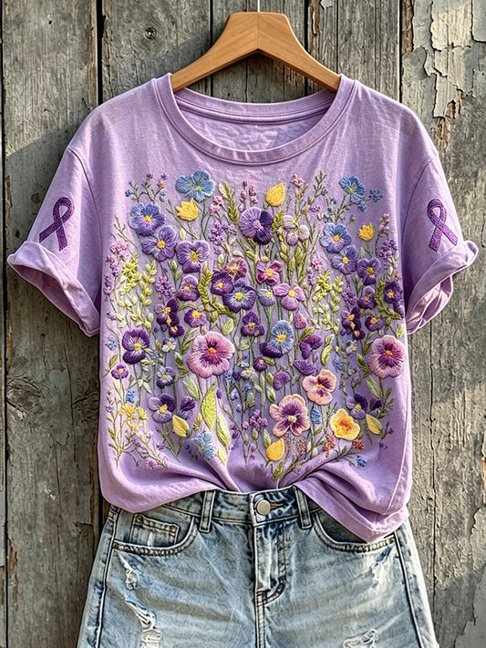 Kvinnors lila medvetenhet Floral Print Rund hals Kort ärm T-shirta