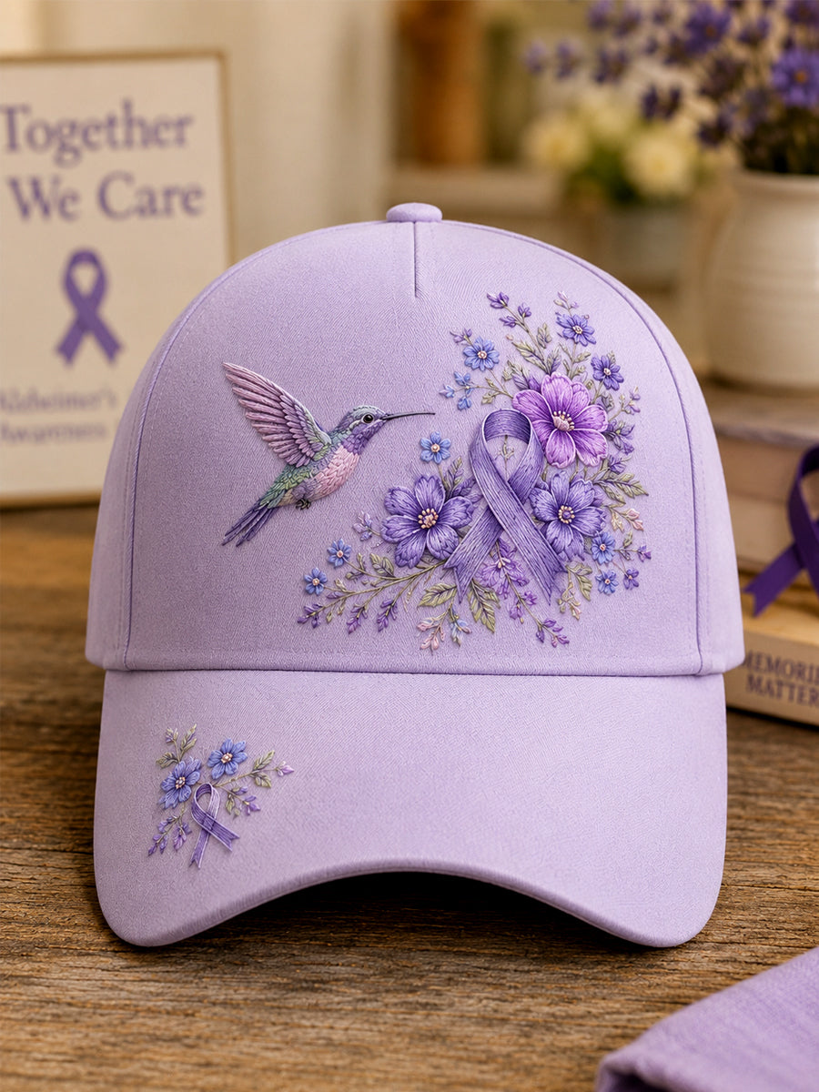 Unisex-luvslur med lila blom- och kolibriprint – stödhatt för medvetenhet om alzheimers sjukdom