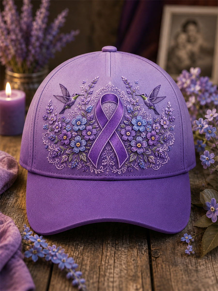 Unisex-luvslur med lila blom- och kolibriprint – stödhatt för medvetenhet om alzheimers sjukdom
