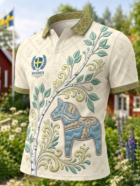 Mansvintage traditionell svensk dalahästtryckt polotröja