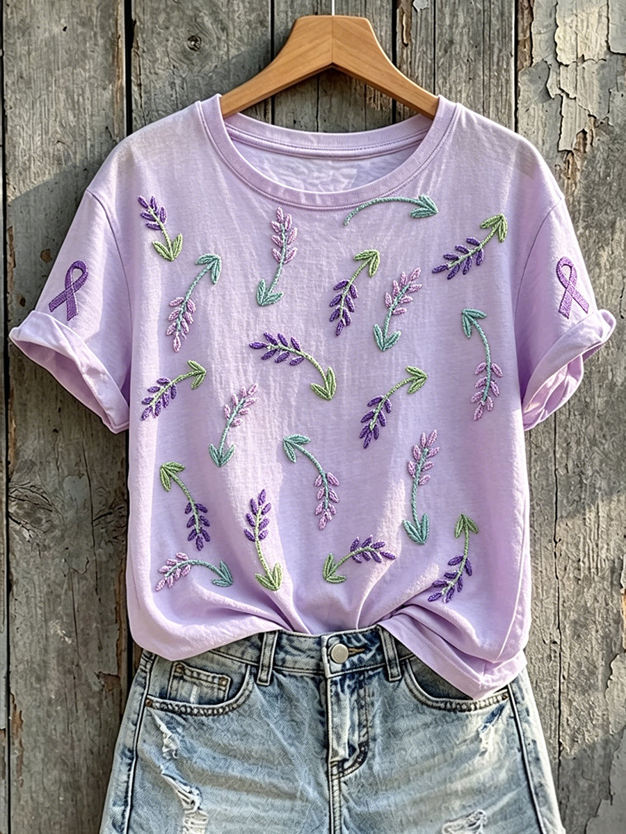Dammens lila medvetenhet blommönstrad rundhalsad kortärmad t-shirt